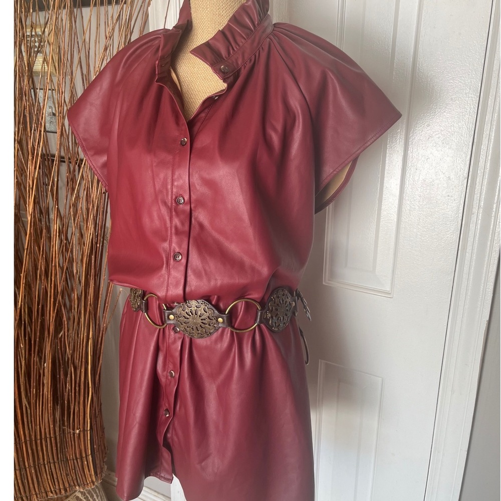 Burgundy Faux Leather Tunic Dress Ruffle Collar Button Front Statement Piece